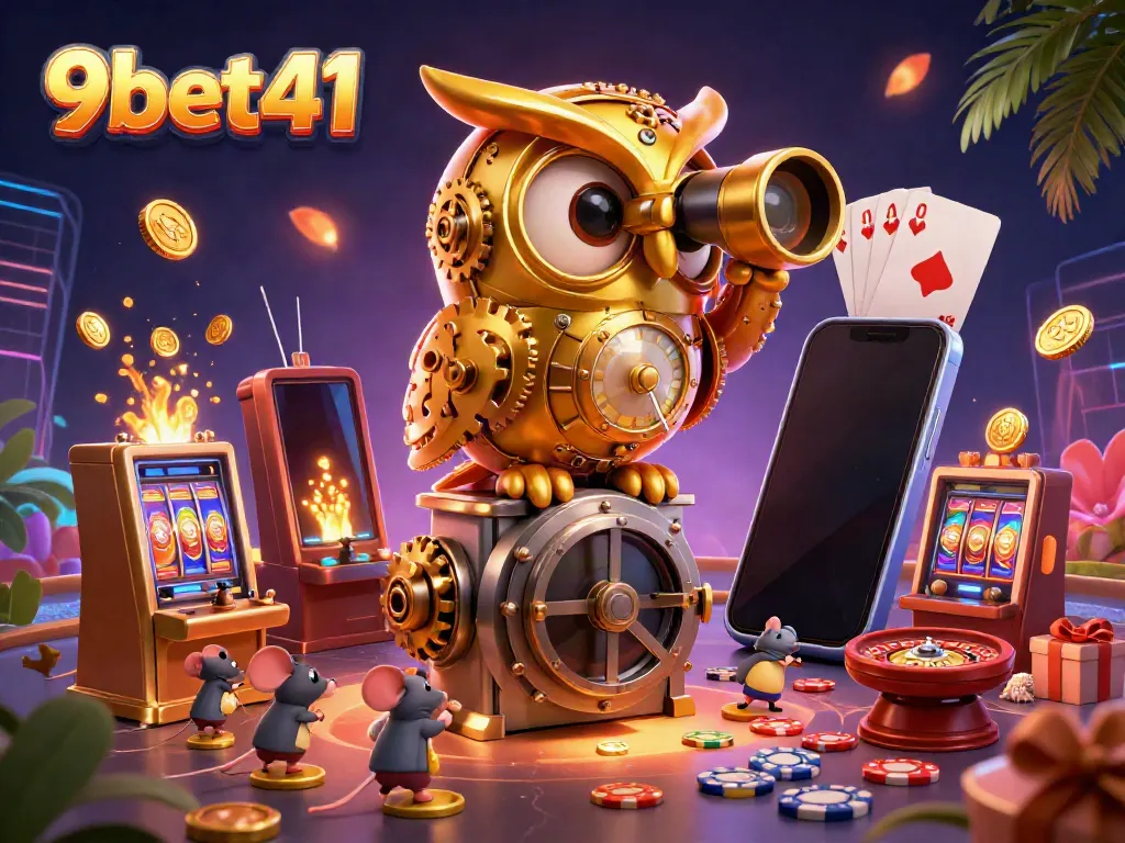 Join the exciting world of 9bet41 with a vibrant 3D casino scene featuring an owl and slot games.