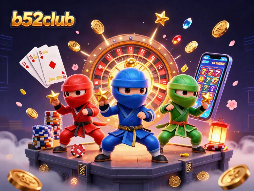 b52club showcases a vibrant casino scene with ninja chameleons and flying coins, highlighting exciting gaming action.