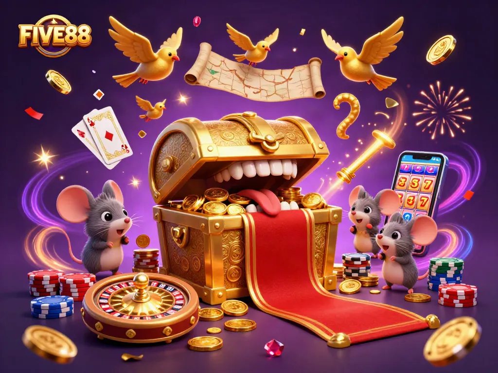 Join the excitement at FIVE88 with a colorful casino adventure filled with treasures and games.