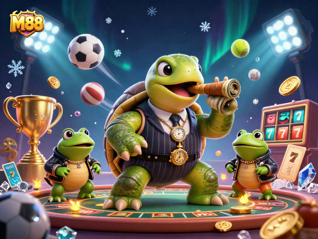 M88 transforms the casino experience with dynamic sports-themed illustration of a turtle mobster and bullfrog enforcers.