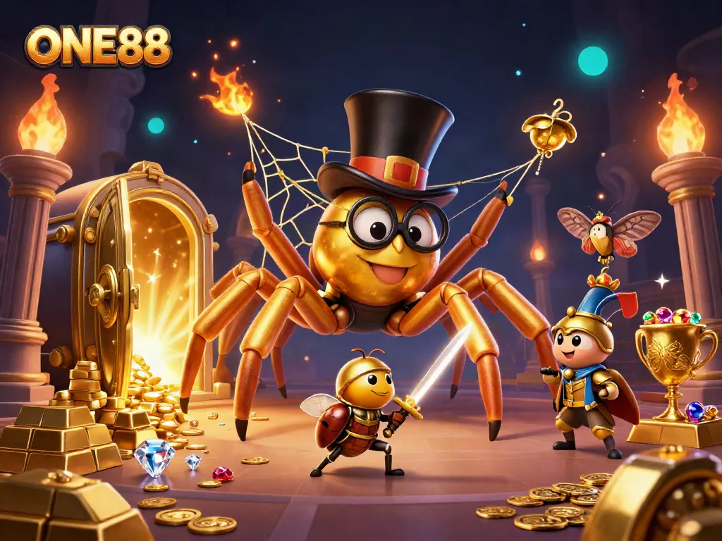Engage in thrilling casino adventures with ONE88, illustrated with golden treasures and captivating characters.