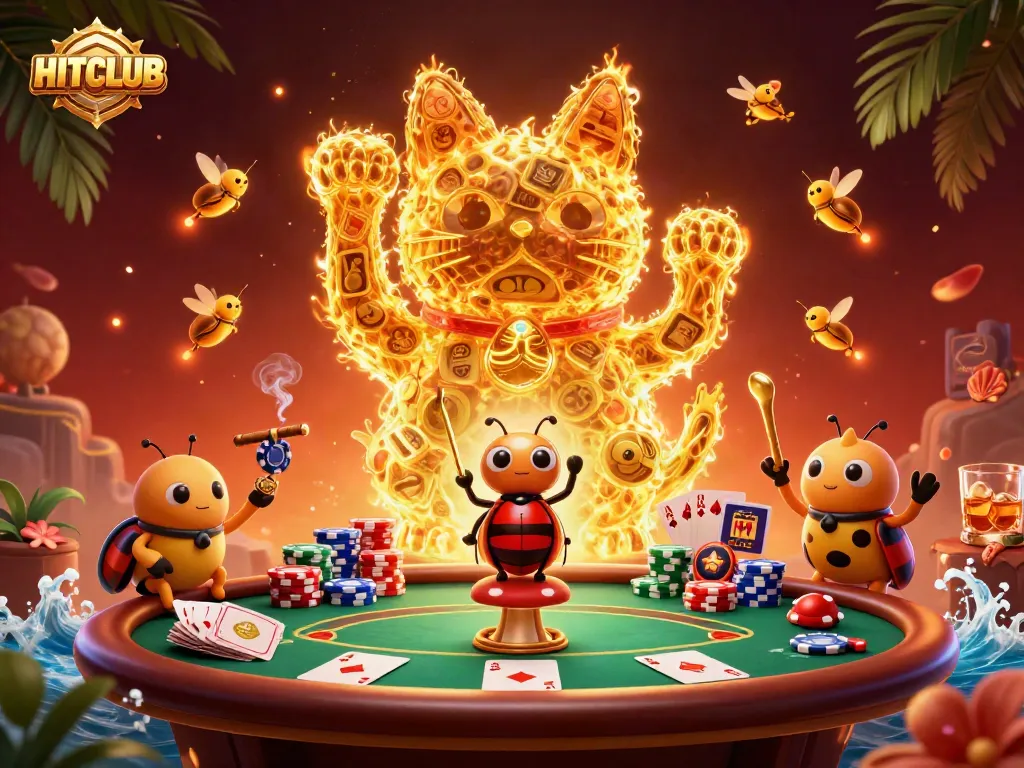 Engage with HITCLUB's vibrant gaming scene featuring a lucky cat made of fireflies and poker elements.