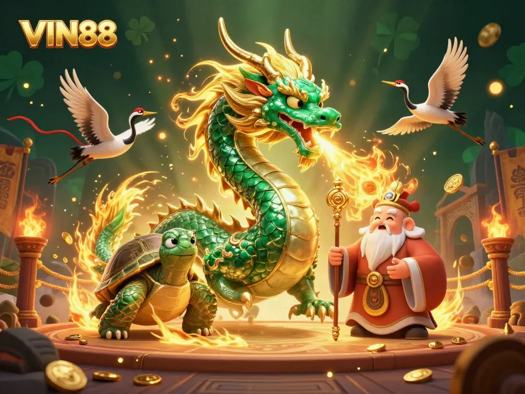Experience thrilling gameplay with VIN88's vibrant casino illustration featuring a jade dragon.