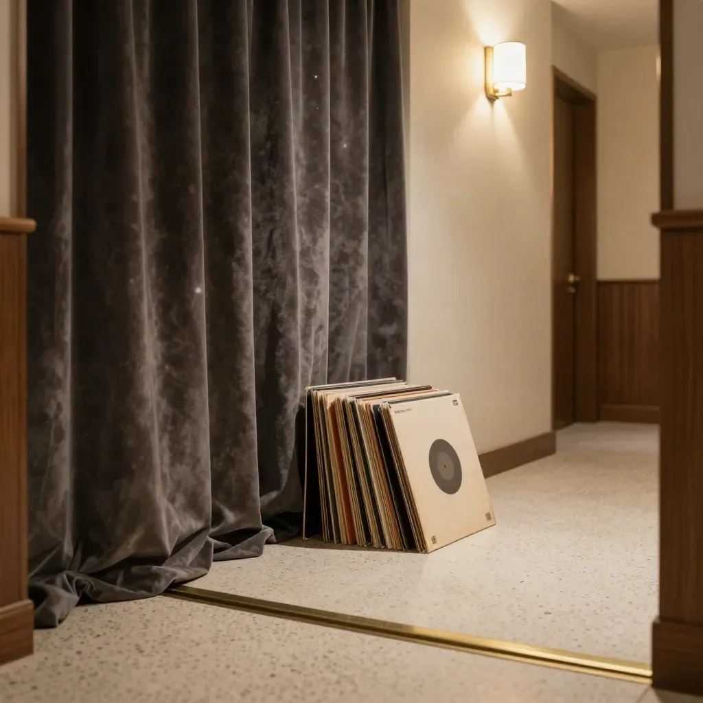 Empty indie cinema foyer with velvet curtain, vinyl sleeves, and a glowing wall sconce.