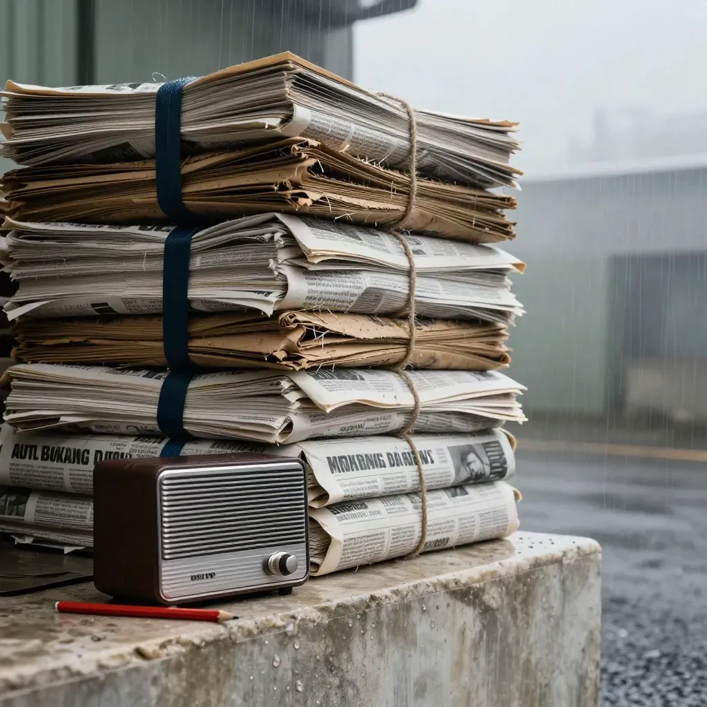 Wet dawn newsprint bundles, compact radio and red pencil on pale stone.