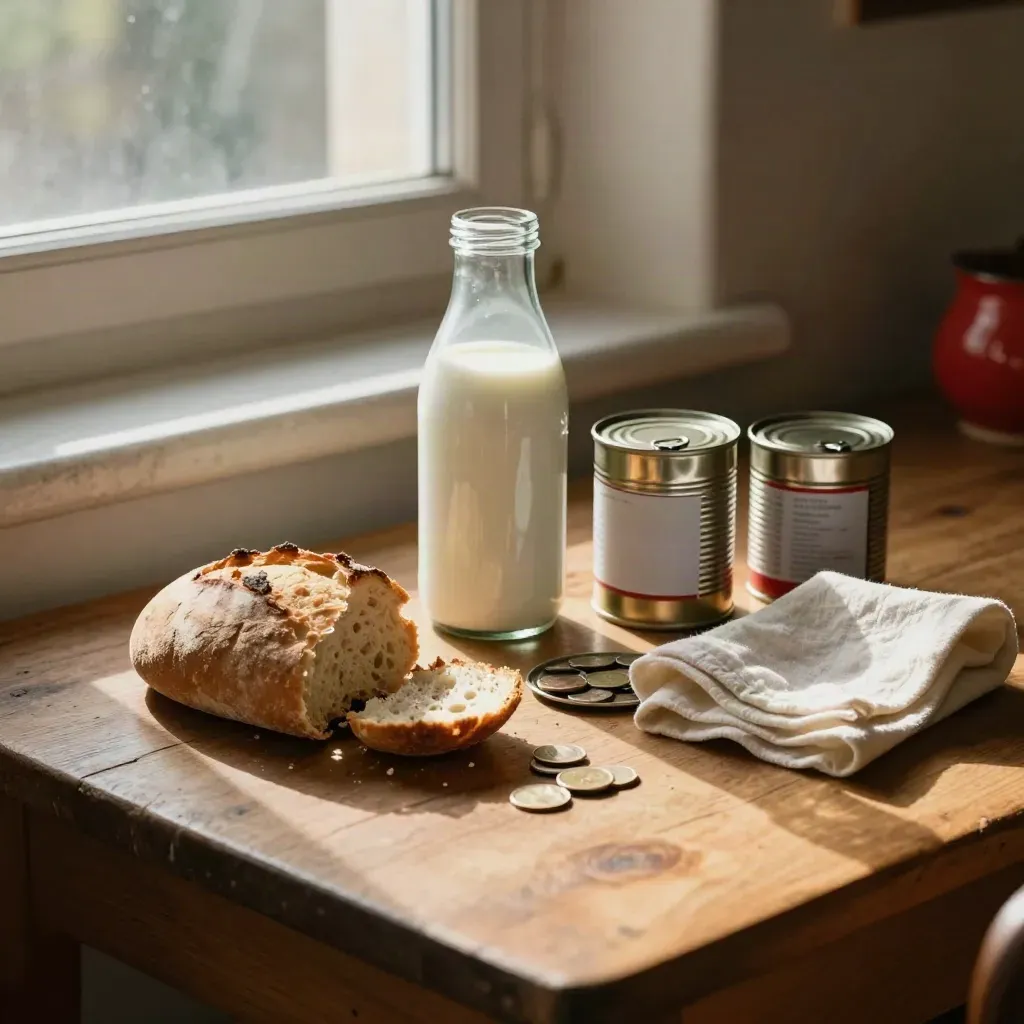 Bread, milk, tins, coins and a cream cloth on a kitchen table in soft morning light.