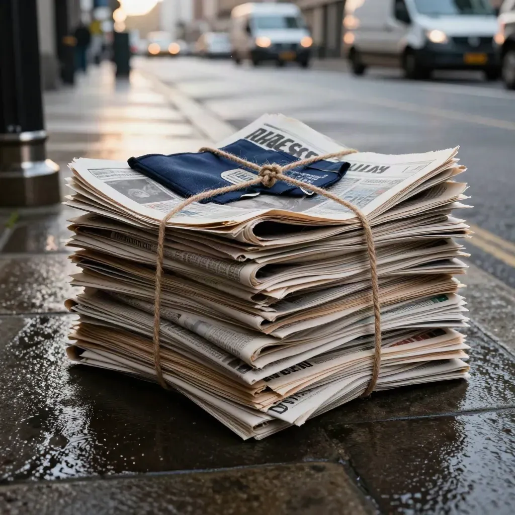 Wet city street with bundled newspapers and blurred broadcast vans after rain