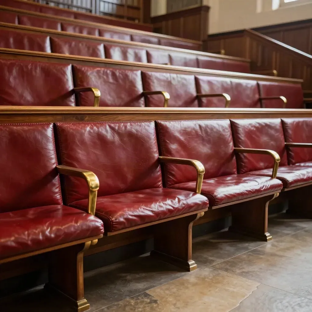 Low-angle view of empty red Commons benches and brass fittings in tense daylight.