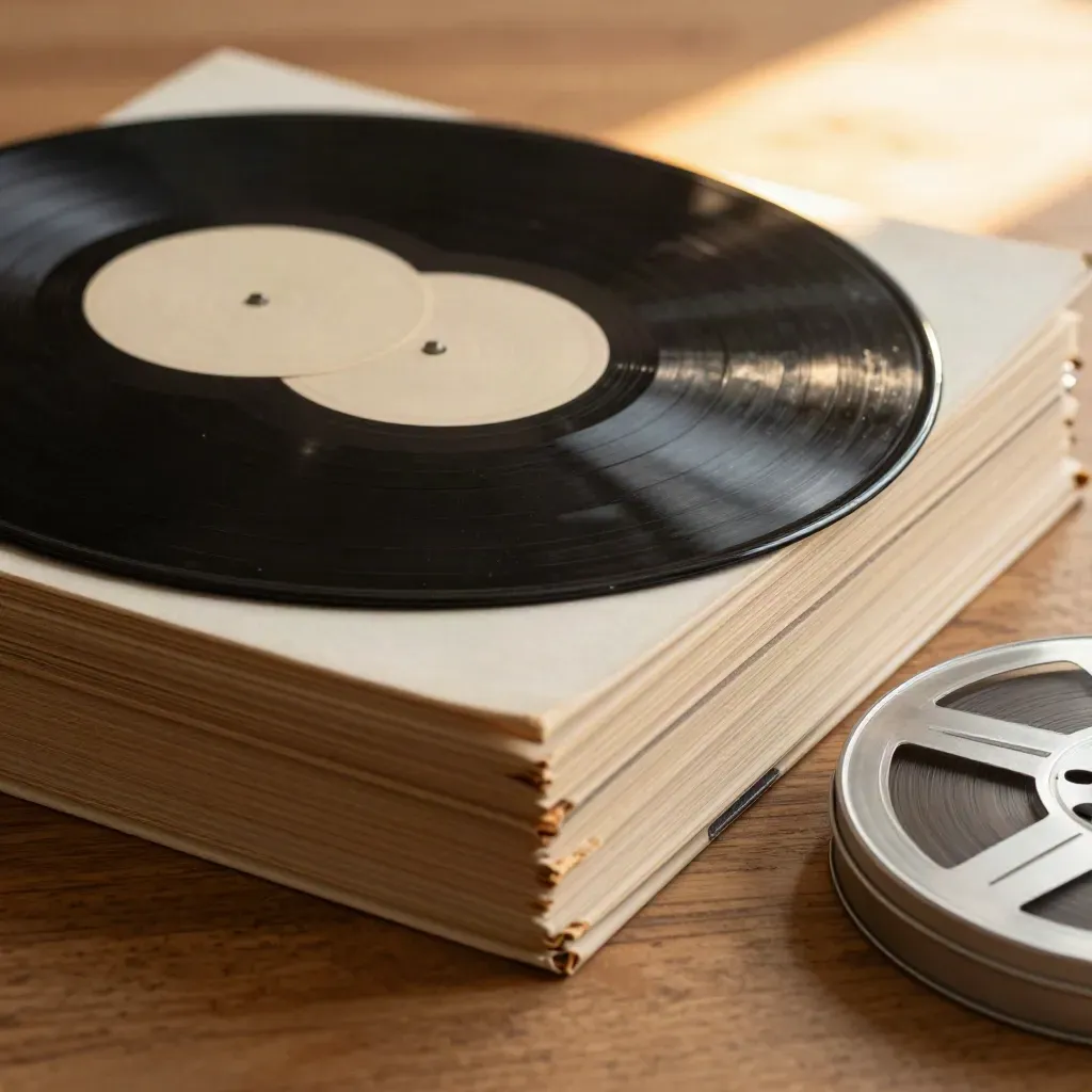 Vinyl records, face-down books, and a film reel tin on warm wood in soft golden light.