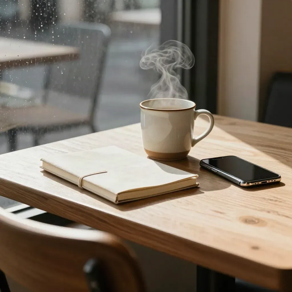 Café window table with notebook, steaming mug, and face-down phone in midday light.