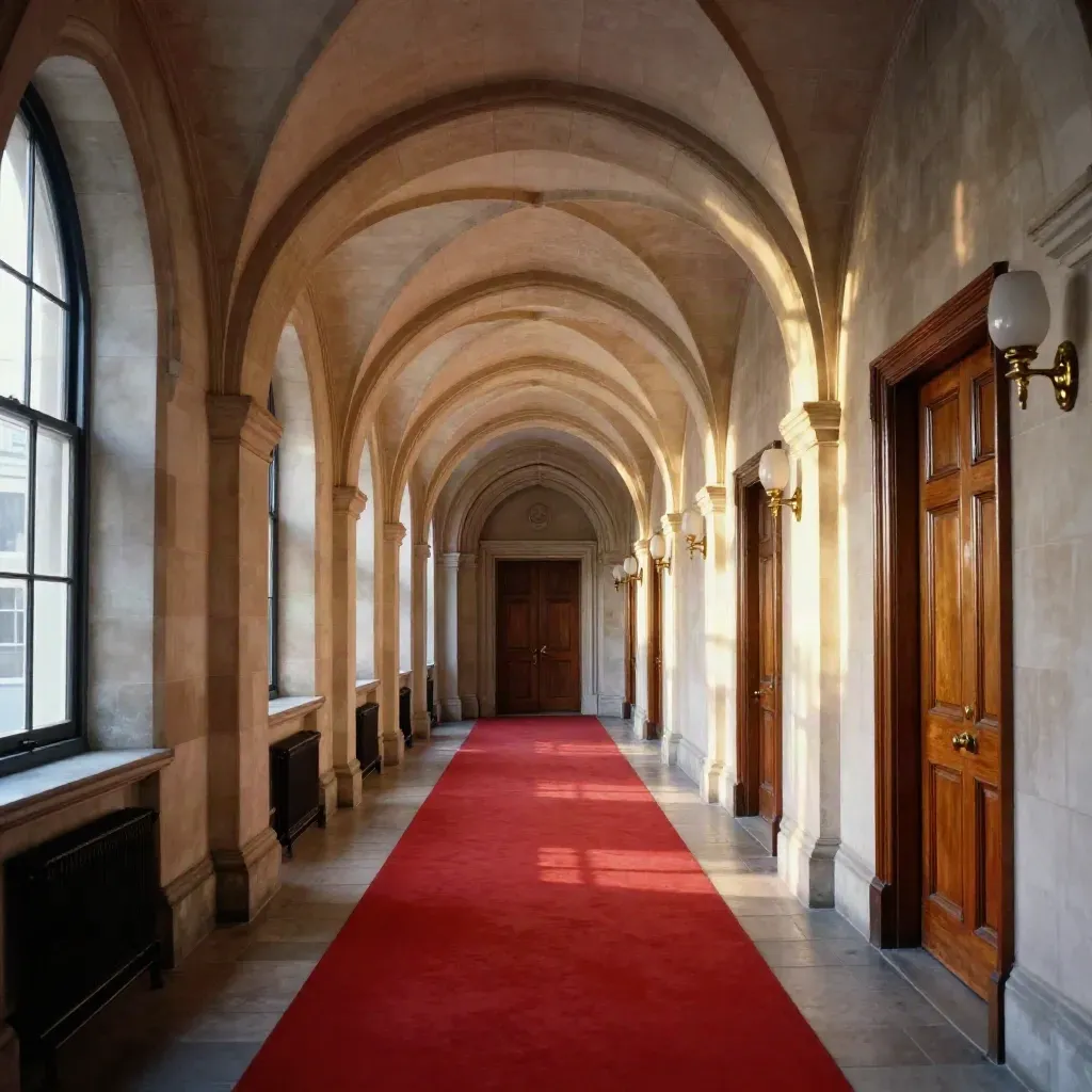 Empty Westminster corridor with arches, red carpet and soft window light.