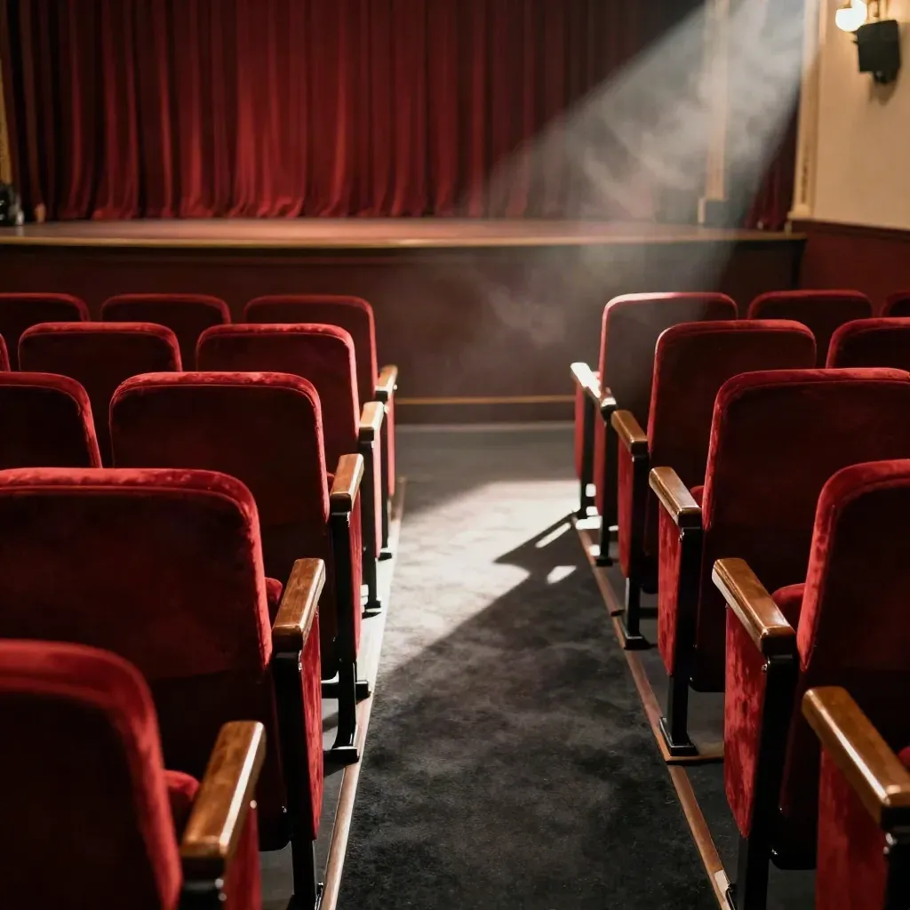 Red velvet theatre seats with a light beam across a dim aisle and stage curtain