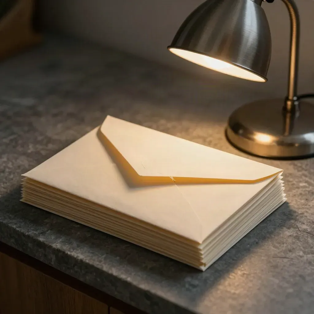 Overhead stack of sealed envelopes, reply cards, and a desk lamp on a slate surface.
