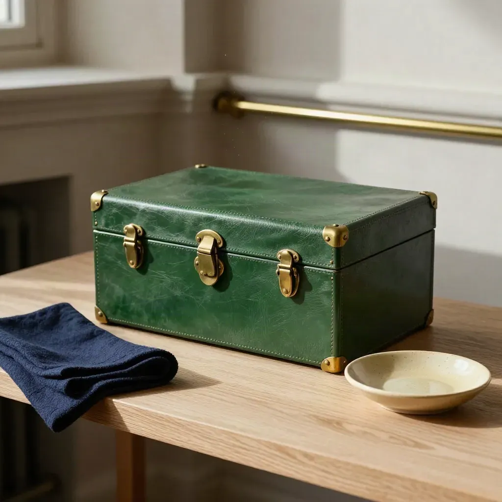 Green dispatch box with navy cloth and ceramic dish on a pale oak shelf