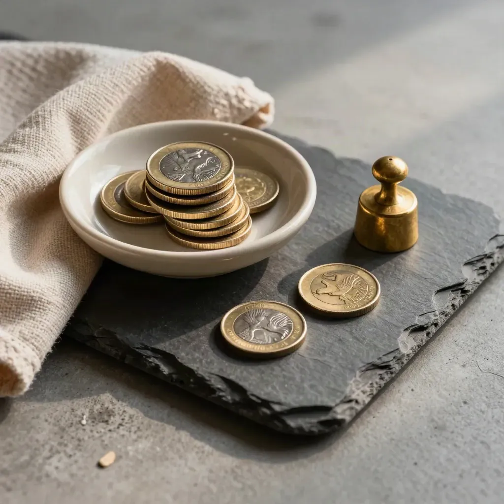 Pound coins in a ceramic dish with a cream cloth and brass weight on slate.