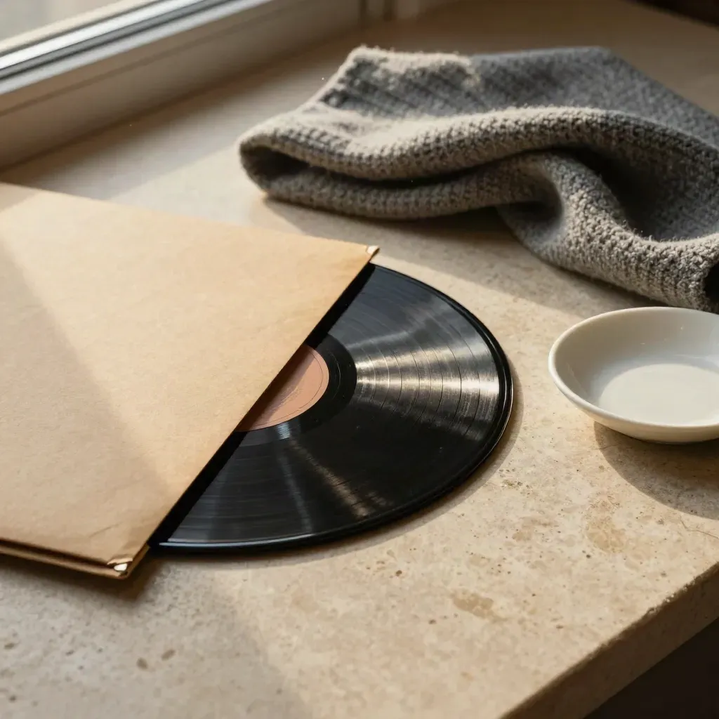 Vinyl record half out of a kraft sleeve beside cloth and ceramic dish on stone