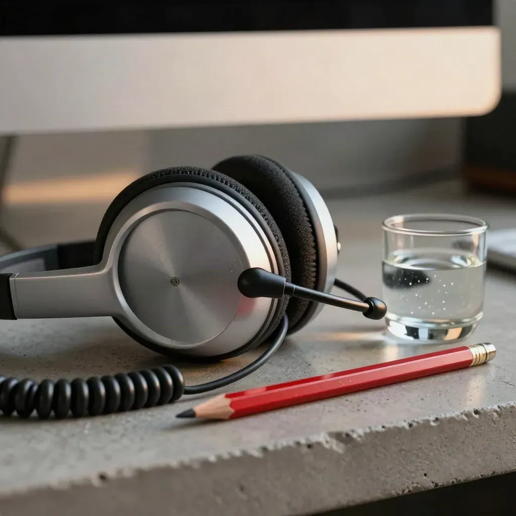 Silver broadcast headset, red pencil and glass paperweight on concrete with soft editorial light.