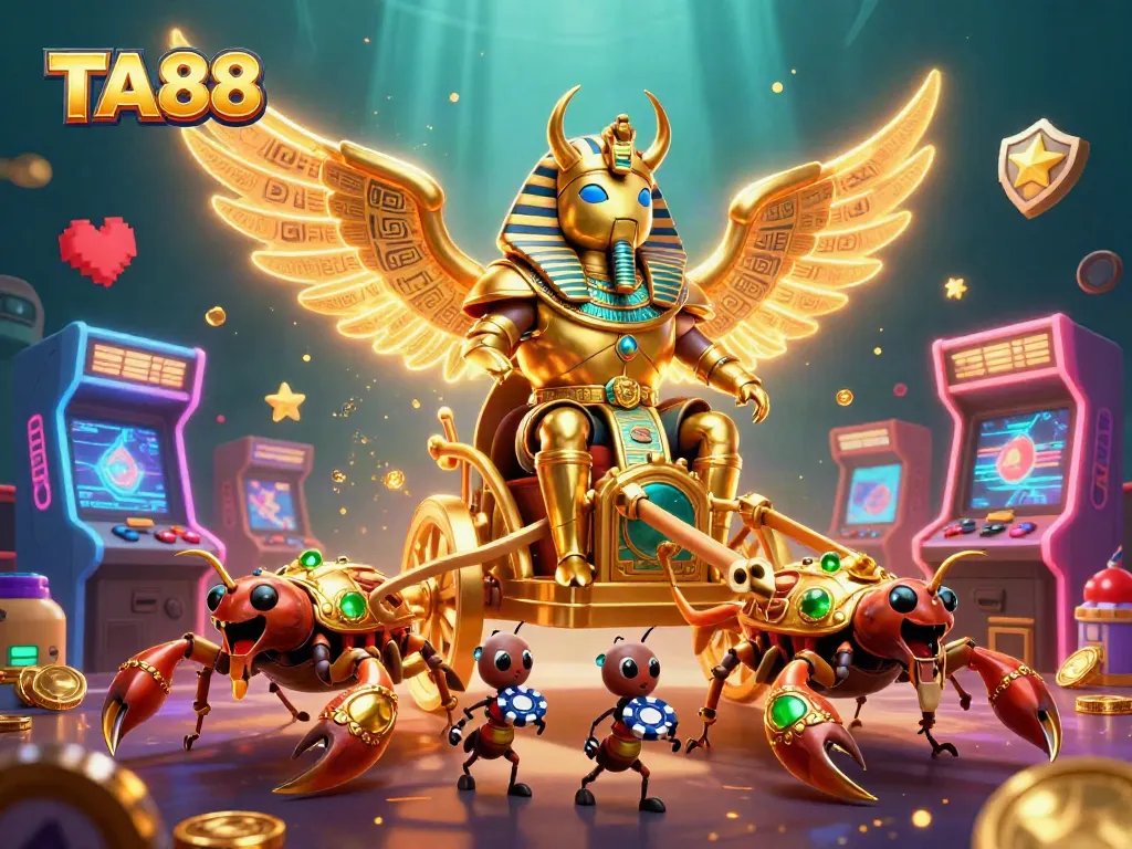 TA88 immersive gaming scene with a colossal scarab beetle, scorpions, and poker chips.