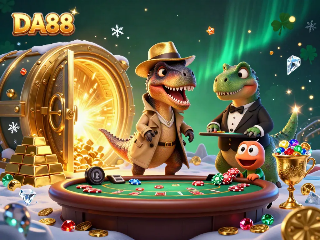 Engage in thrilling gameplay featuring DA88 with cartoon velociraptors and dazzling casino elements.