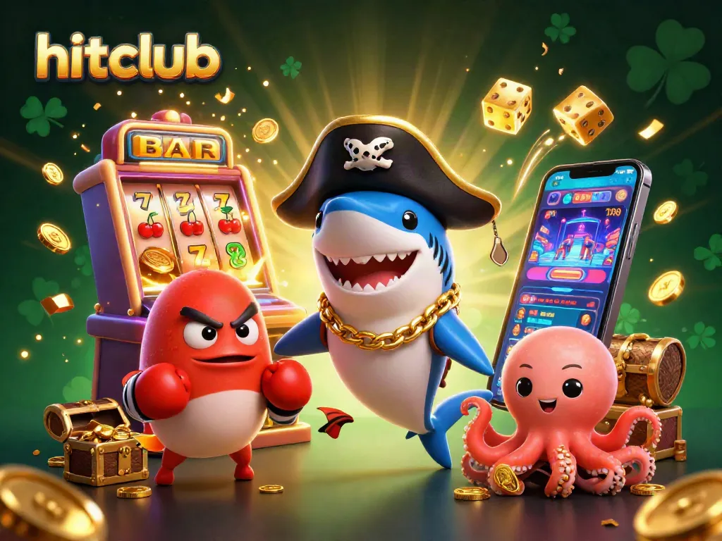 hitclub showcases an exciting 3D scene with cartoon characters celebrating casino wins and huge jackpots.