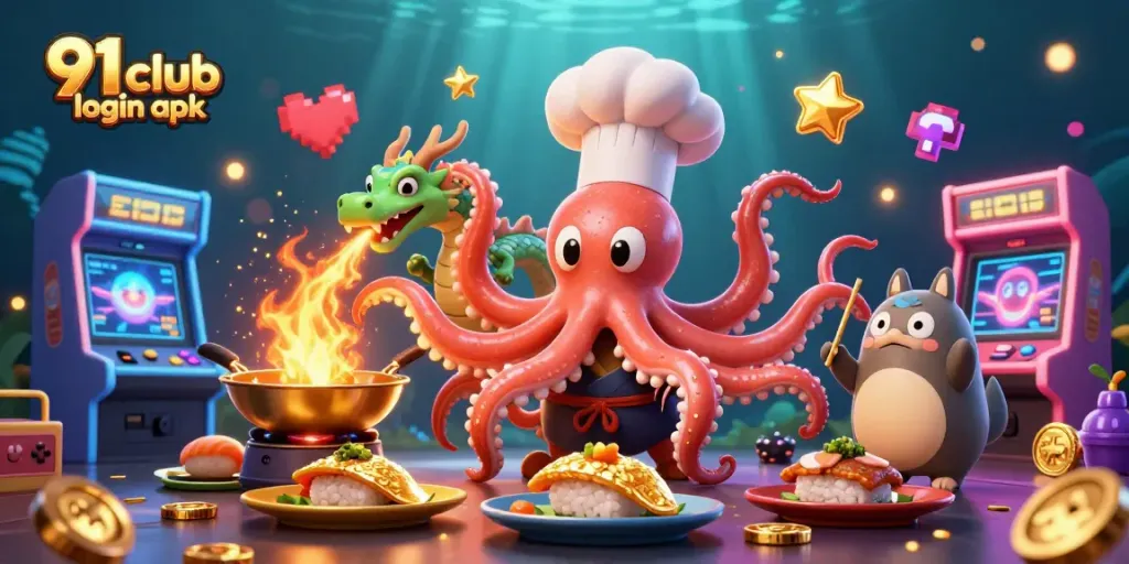 Engage in online gaming with the vibrant scene showcasing the 91 club login apk featuring a sushi chef octopus.