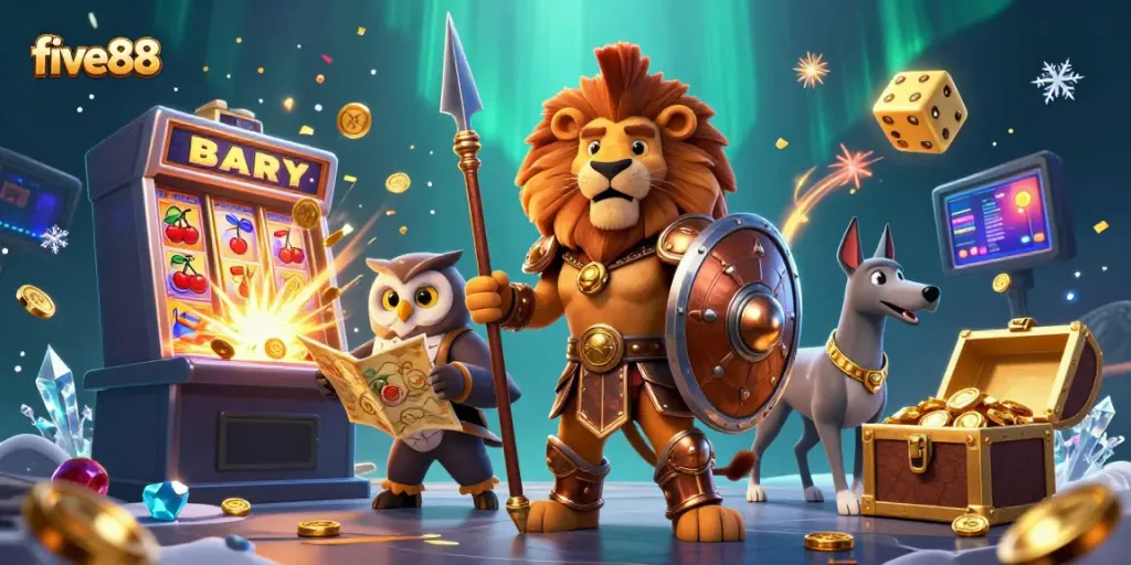 Experience the excitement of five88 casino with a Spartan lion, owl strategist, and grayhound amidst a jackpot explosion.