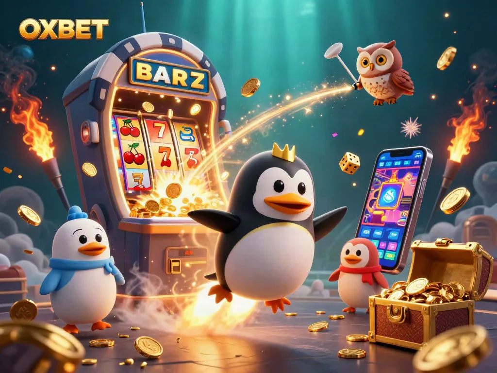 Experience thrilling OXBET casino action with a dynamic golden penguin and jackpot elements.