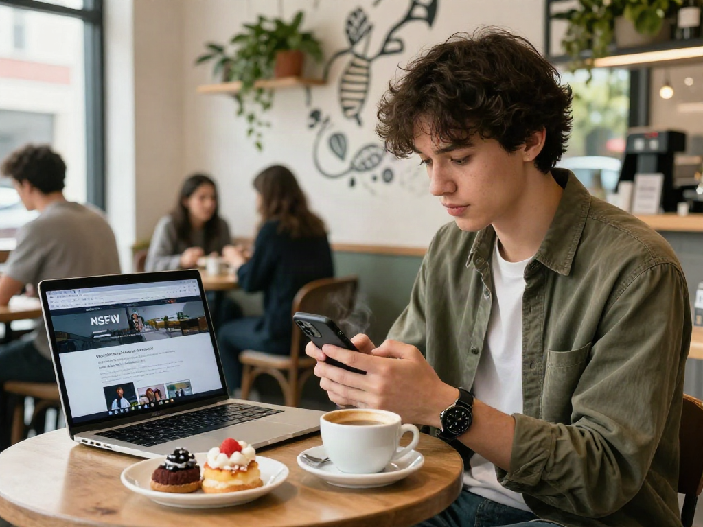 NSFW content awareness in a trendy café lifestyle scene with smartphone interaction and vibrant atmosphere.