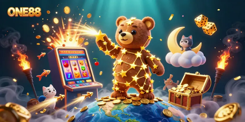 Experience the excitement of ONE88 with a thrilling 3D casino illustration featuring dynamic action and vibrant colors.