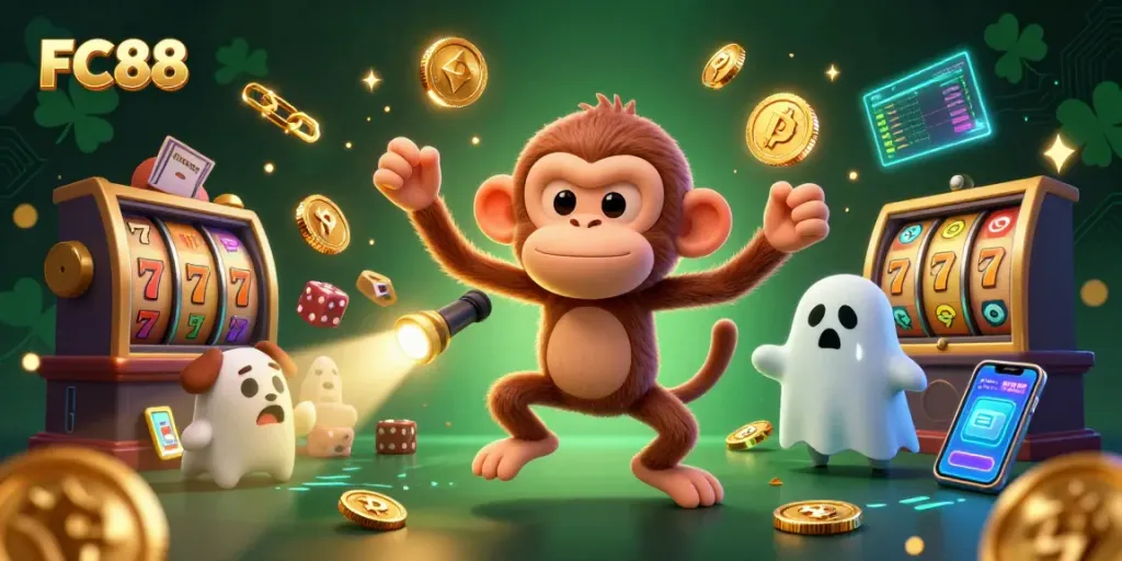 Experience exhilarating gaming at FC88 with a mischievous monkey in a vibrant casino.