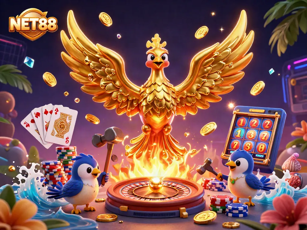 Experience the thrill of NET88 as golden phoenixes and coins soar in this 3D casino scene.