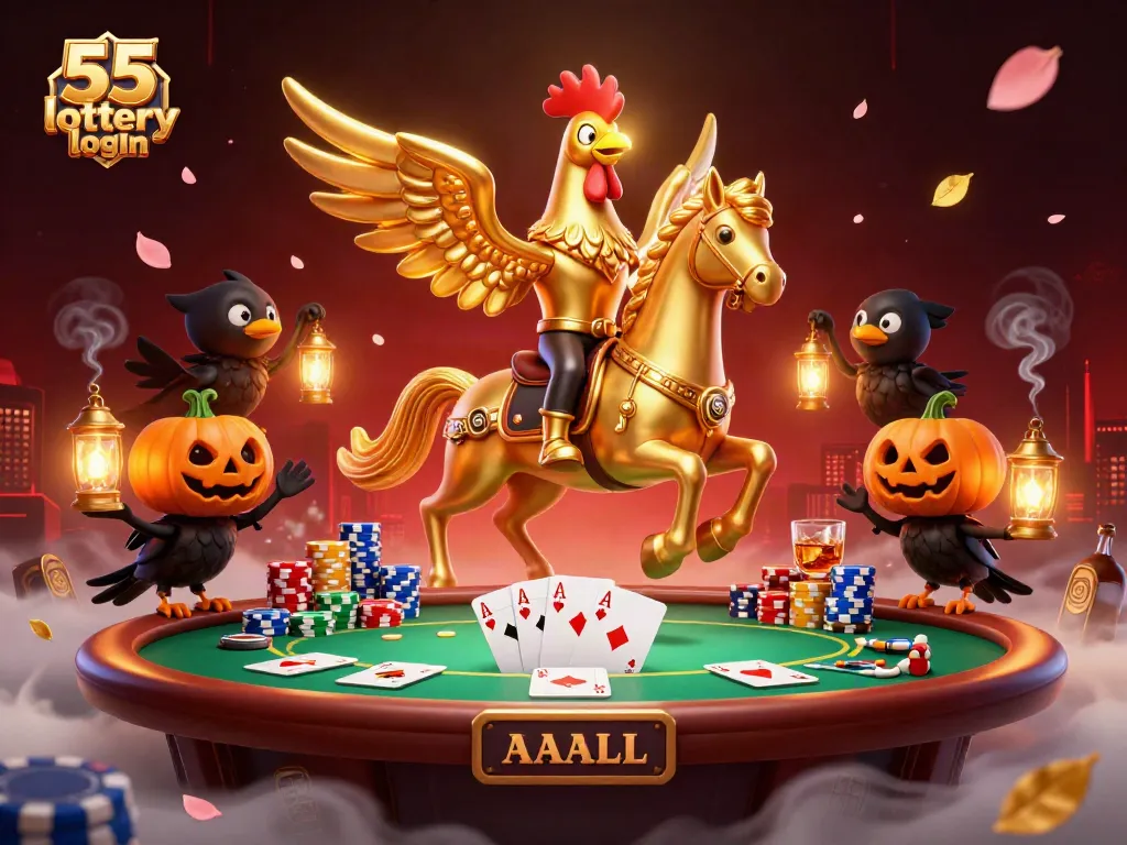 Experience thrilling 55 lottery login fun with a dynamic 3D casino scene featuring unique characters.