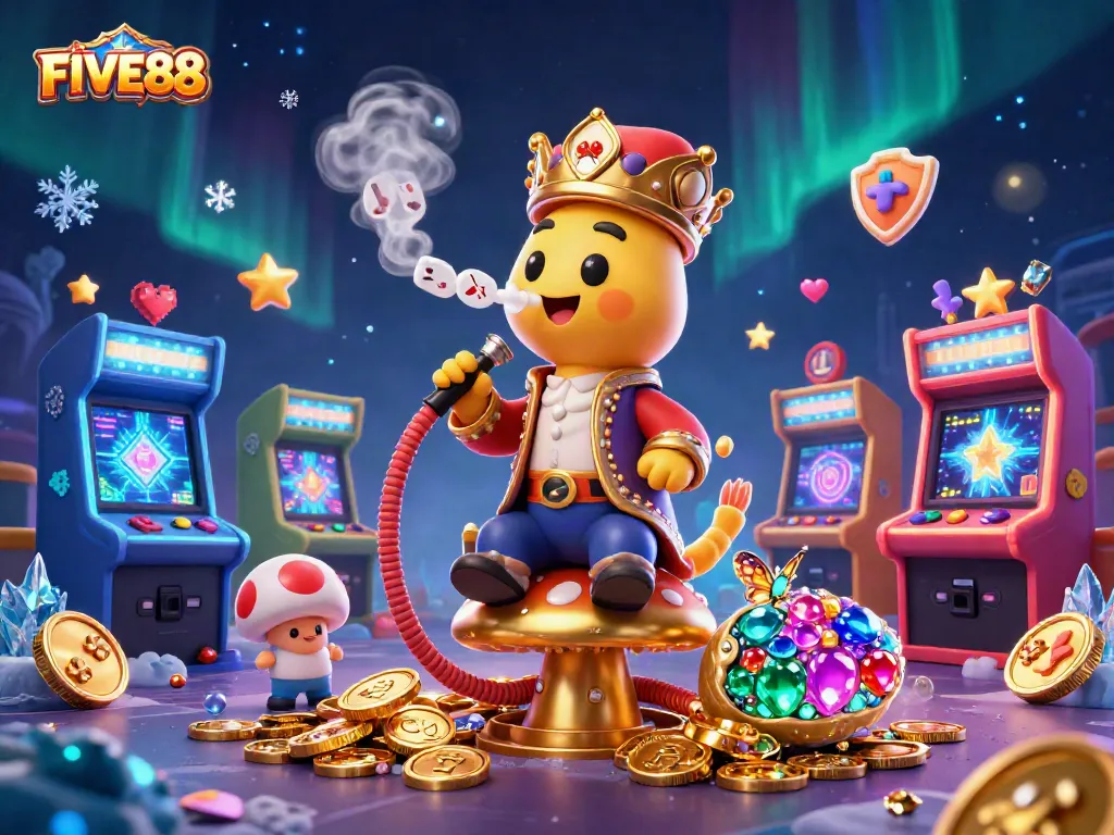 Experience the excitement of FIVE88 in a vibrant, colorful casino-themed illustration.