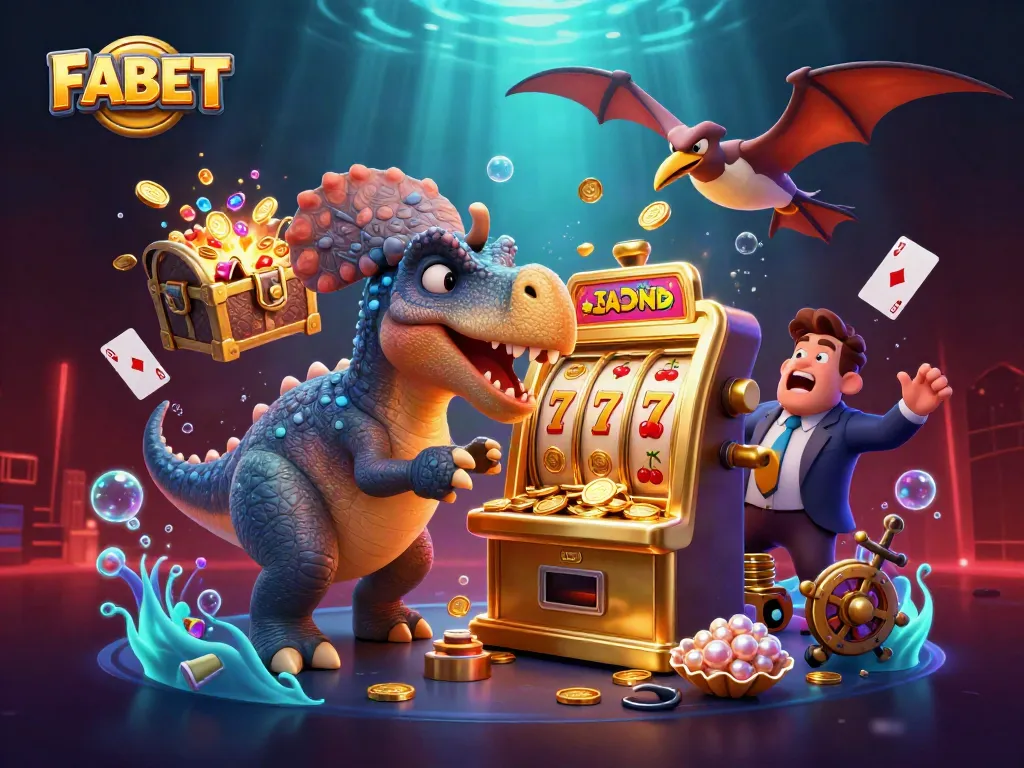FABET rewards players with jackpots in a vibrant 3D illustration featuring dynamic casino elements.