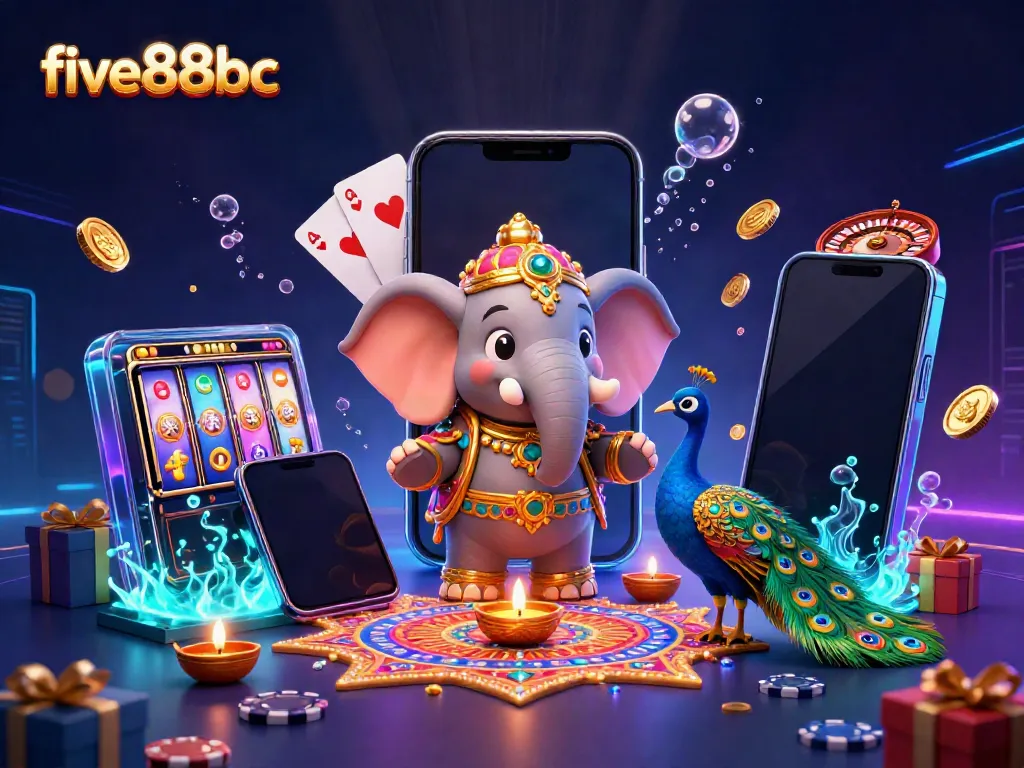 Engage with five88bc through vibrant casino-themed illustration showcasing colorful slots and characters.