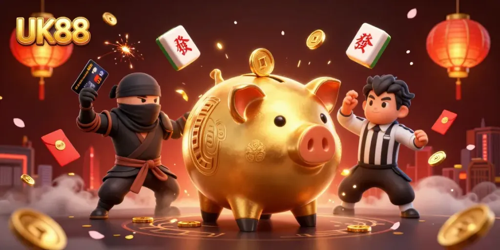 Experience the thrilling action of UK88 with a dynamic sumo wrestler stomping coins, showcasing vibrant casino elements.