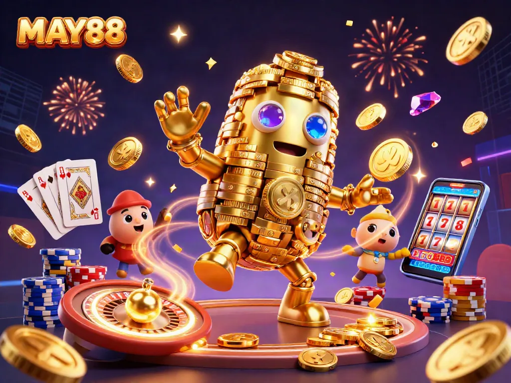 MAY88’s vibrant casino showdown features a gold golem amidst cascading coins and dynamic game elements.