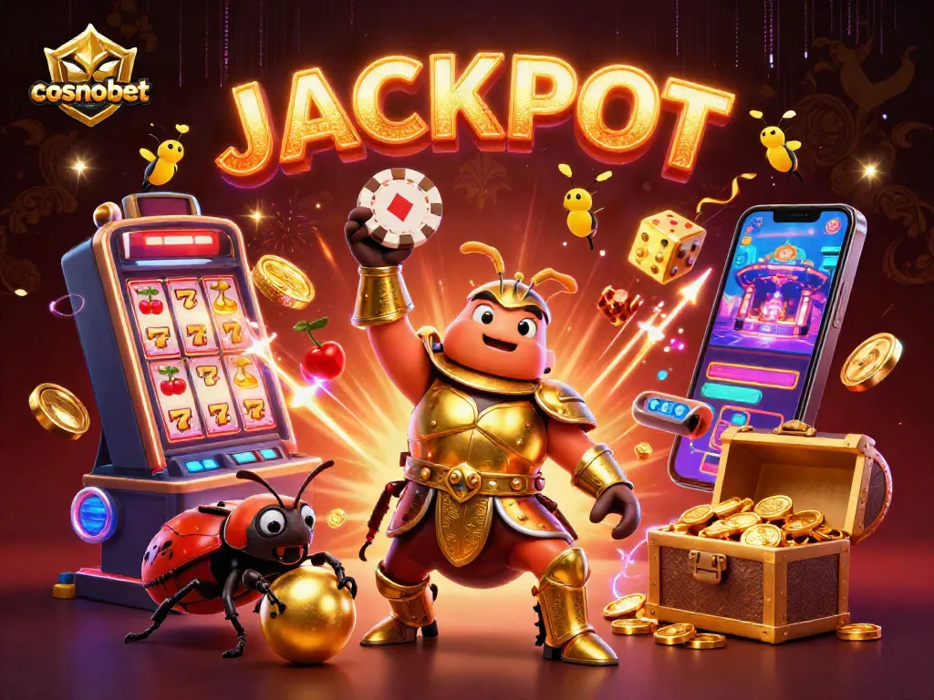 Experience cosmobet's winning excitement with a victorious beetle and a colorful slot explosion in this vibrant casino illustration.