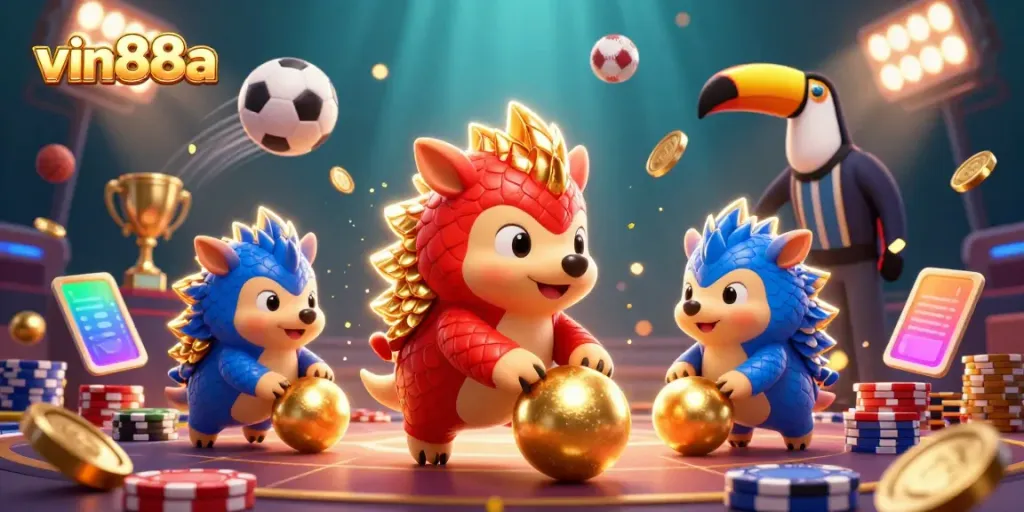 vin88a showcases rival pangolins in a 3D casino scene filled with dynamic betting action.