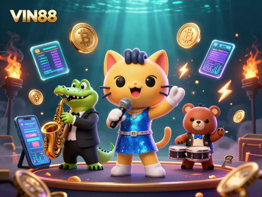 Experience the thrill of VIN88, where gamers engage with lively 3D characters and crypto elements in a dynamic casino setting.