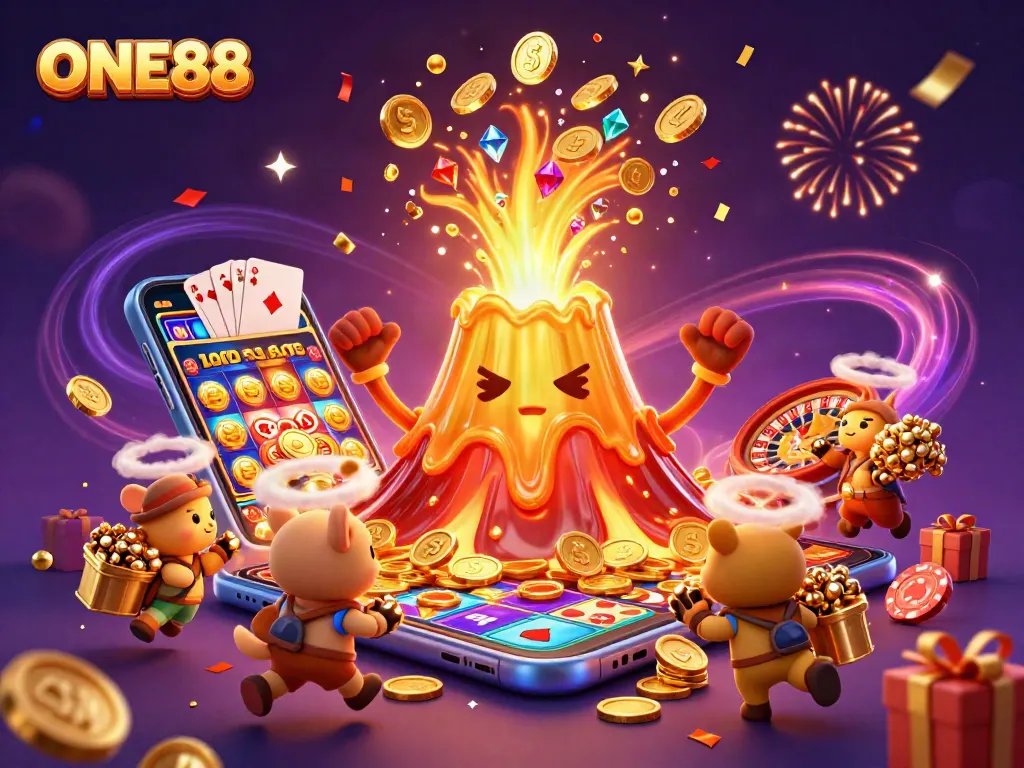 Engage in thrilling gaming with ONE88's rich 3D illustration showcasing dynamic cash rewards.