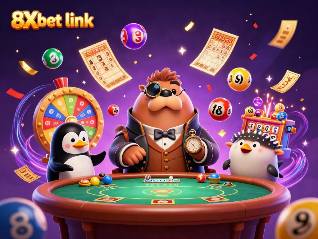 Play exciting games at the vibrant 8Xbet link casino with animated characters enjoying poker.