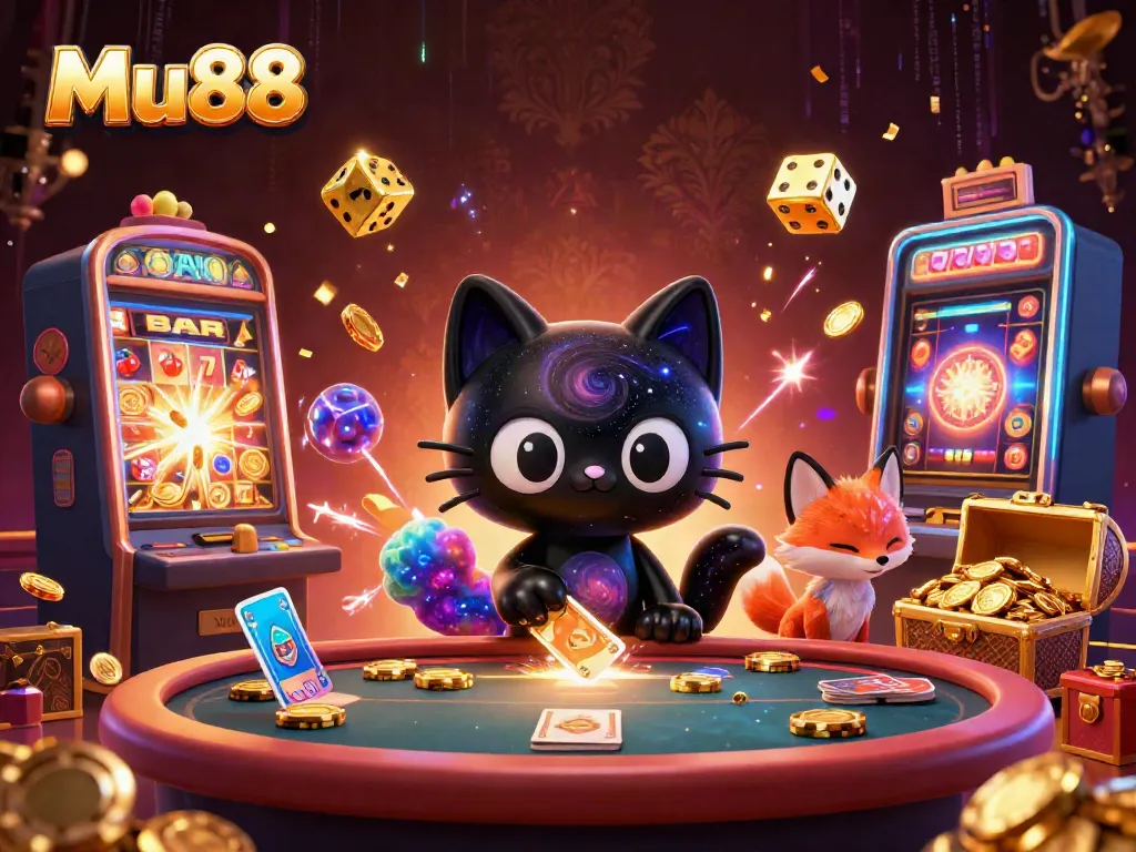 Experience the thrilling cosmic casino action with Mu88 through a playful black hole cat, vibrant elements, and rich visuals.
