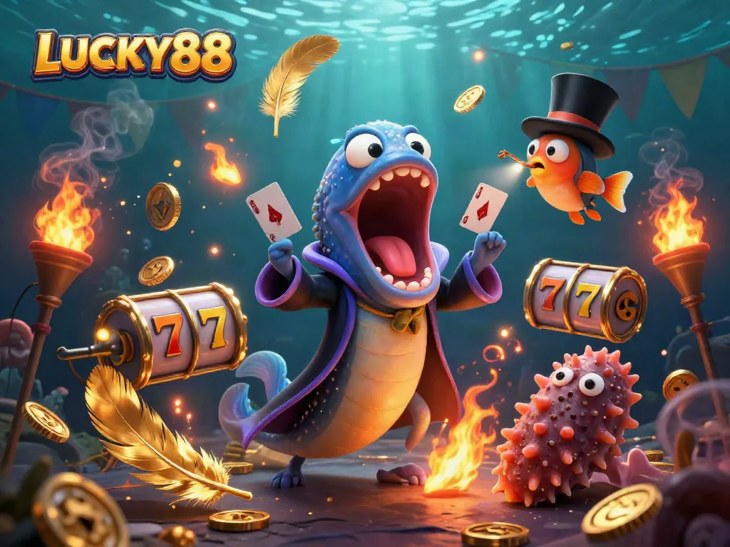 LUCKY88 showcases a magical underwater casino scene with vibrant characters and gambling elements.