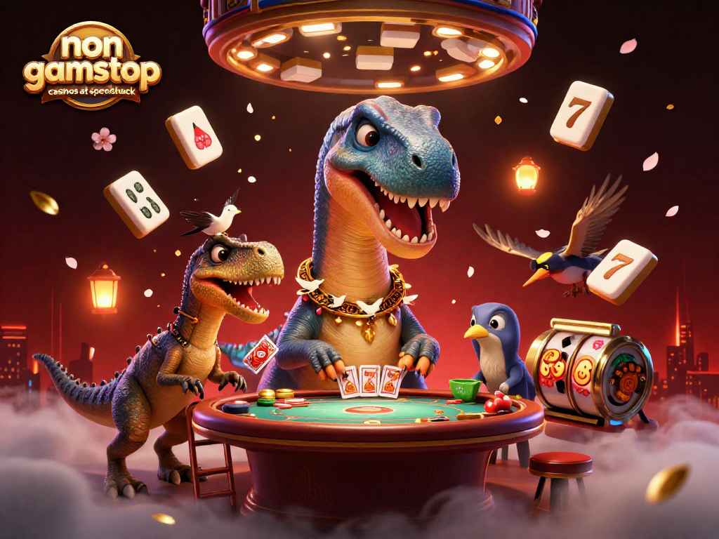 Experience the thrill of non gamstop casinos at speedshack with card dealing dinosaurs and vibrant casino elements.