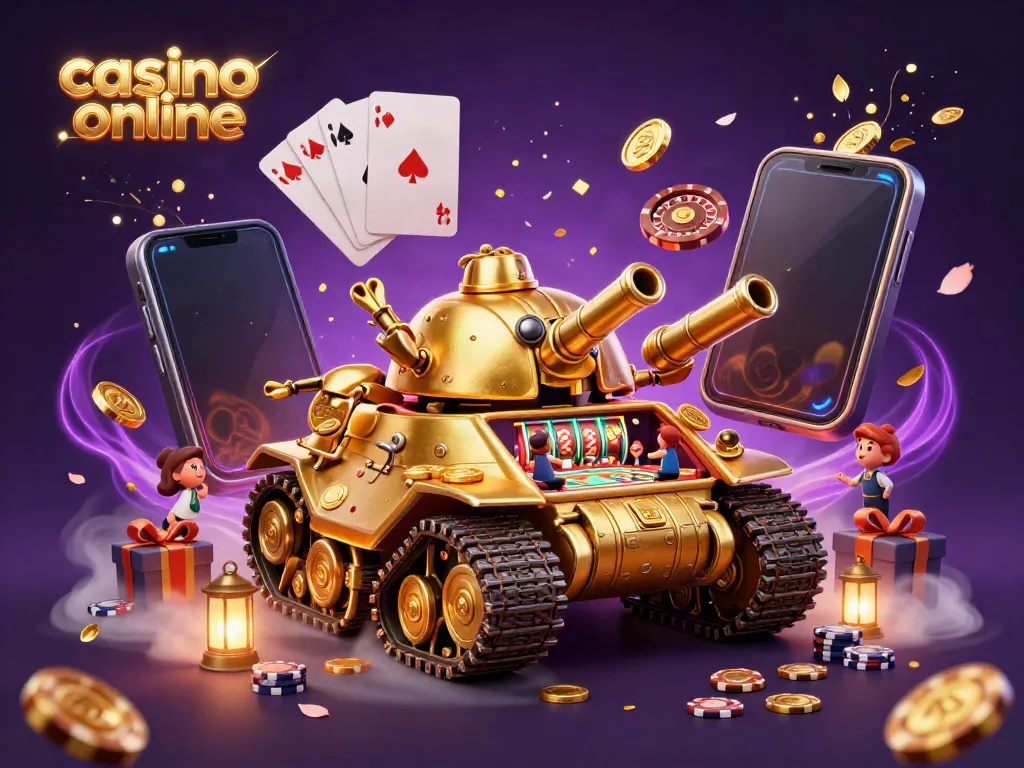 Experience thrilling moments at casino online with a golden beetle tank showcasing games and prizes.