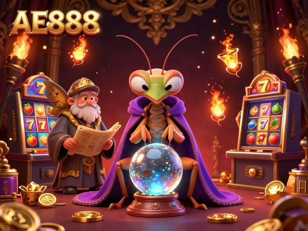 Engage with AE888's vibrant 3D jackpot scene featuring a fortune teller, lucky symbols, and golden treasures.