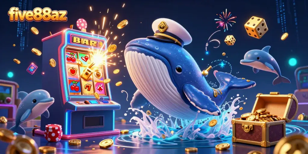 Experience the excitement of five88az with a whale and dolphins surrounded by casino elements.