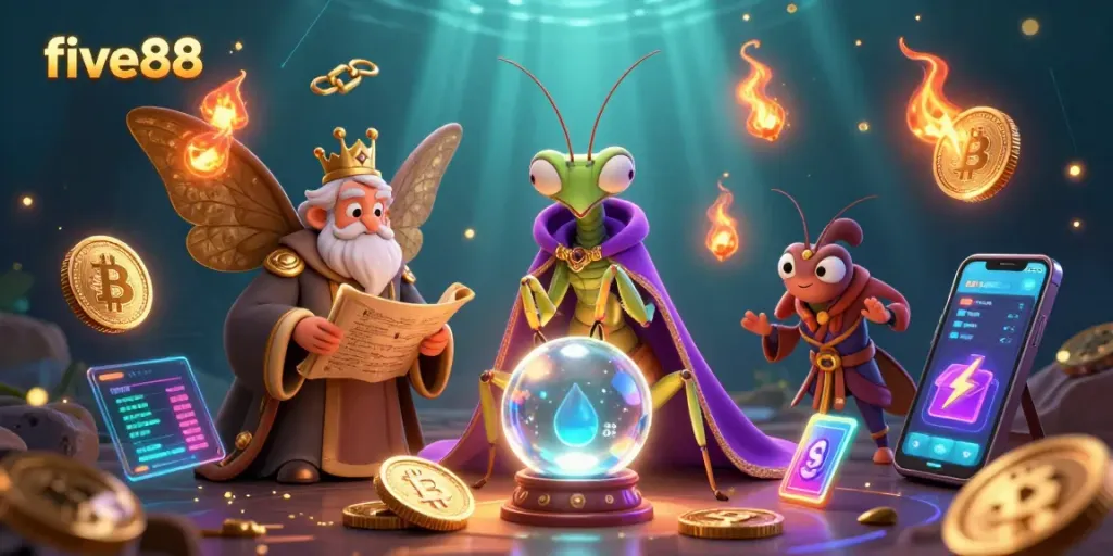 Experience the excitement of five88 with a vivid scene featuring animated fortune teller characters surrounded by vibrant gaming elements.