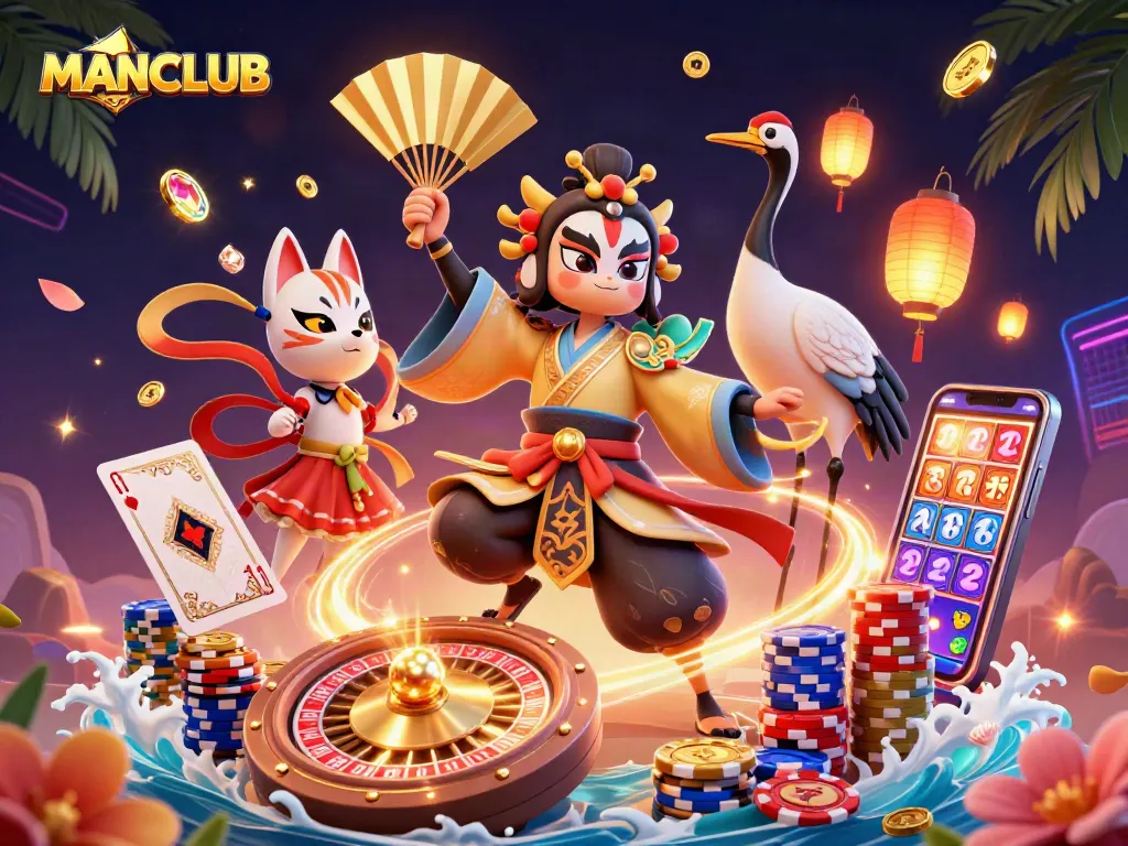 Experience the thrill of MANCLUB's casino games with vibrant elements like a kabuki warrior and dazzling coins.